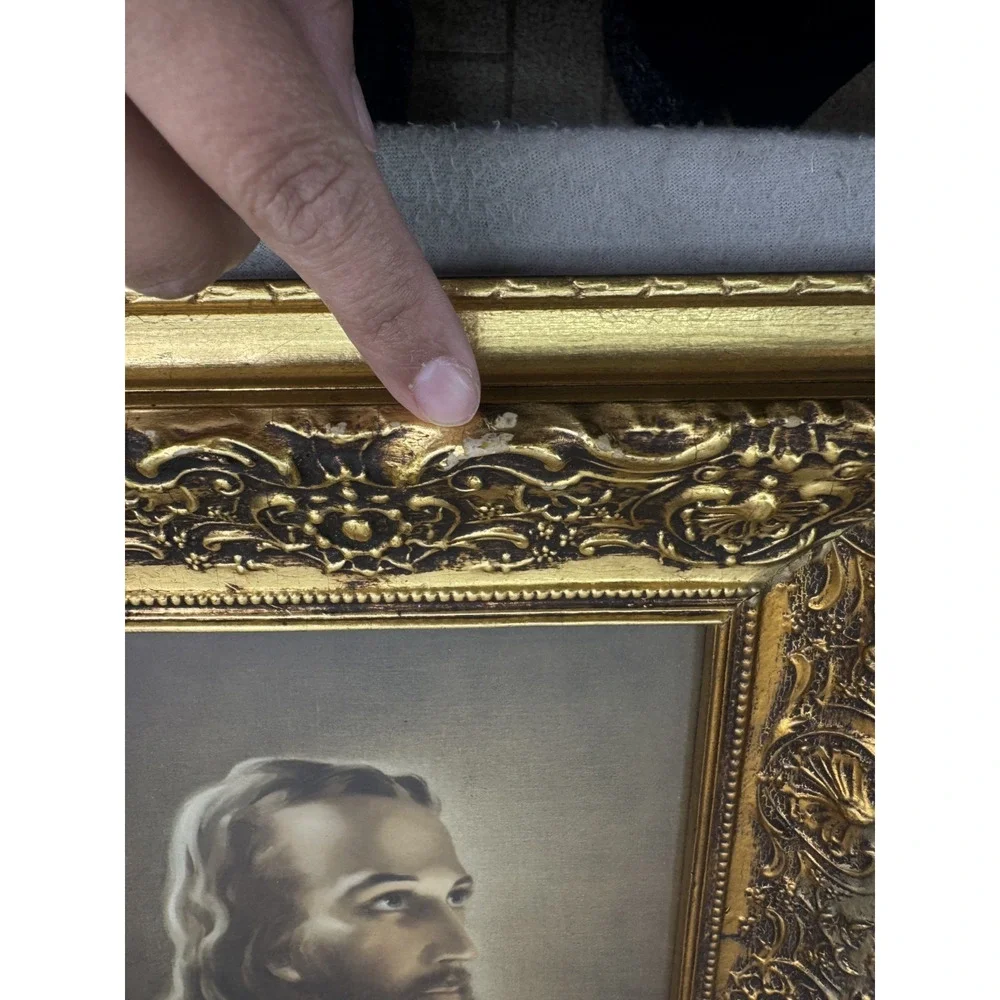 Vintage Jesus Portrait Print Ornate Gold Frame Christian Religious Wall Art